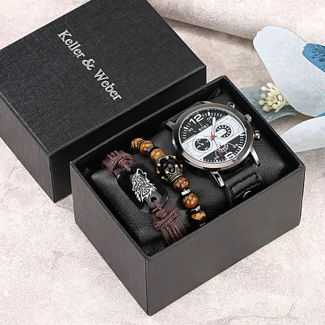 Luxurious Leather Quartz Date Watches Gift Set for Men with Box