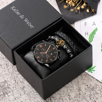 Luxurious Leather Quartz Date Watches Gift Set for Men with Box